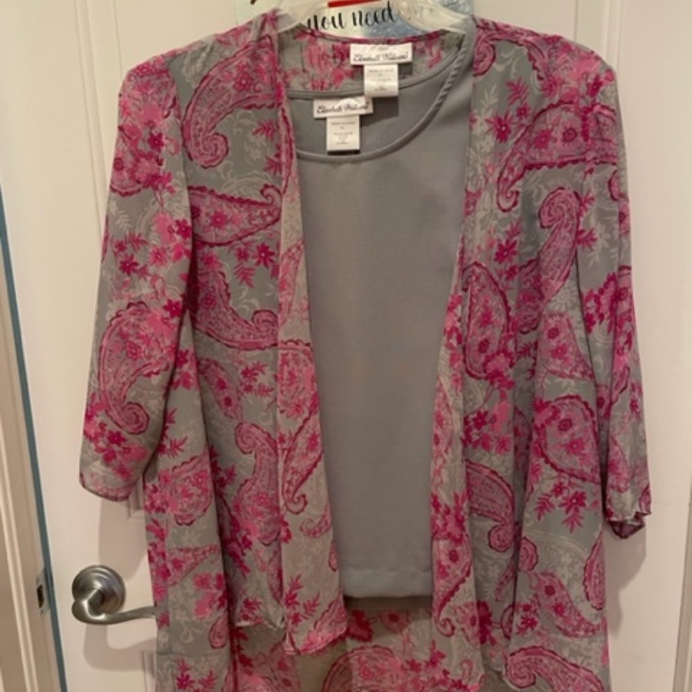 ELISABETH WILLIAMS~Gray/Pink Paisley~Open Front~Sheer~Tunic Cardigan Pant Suit
